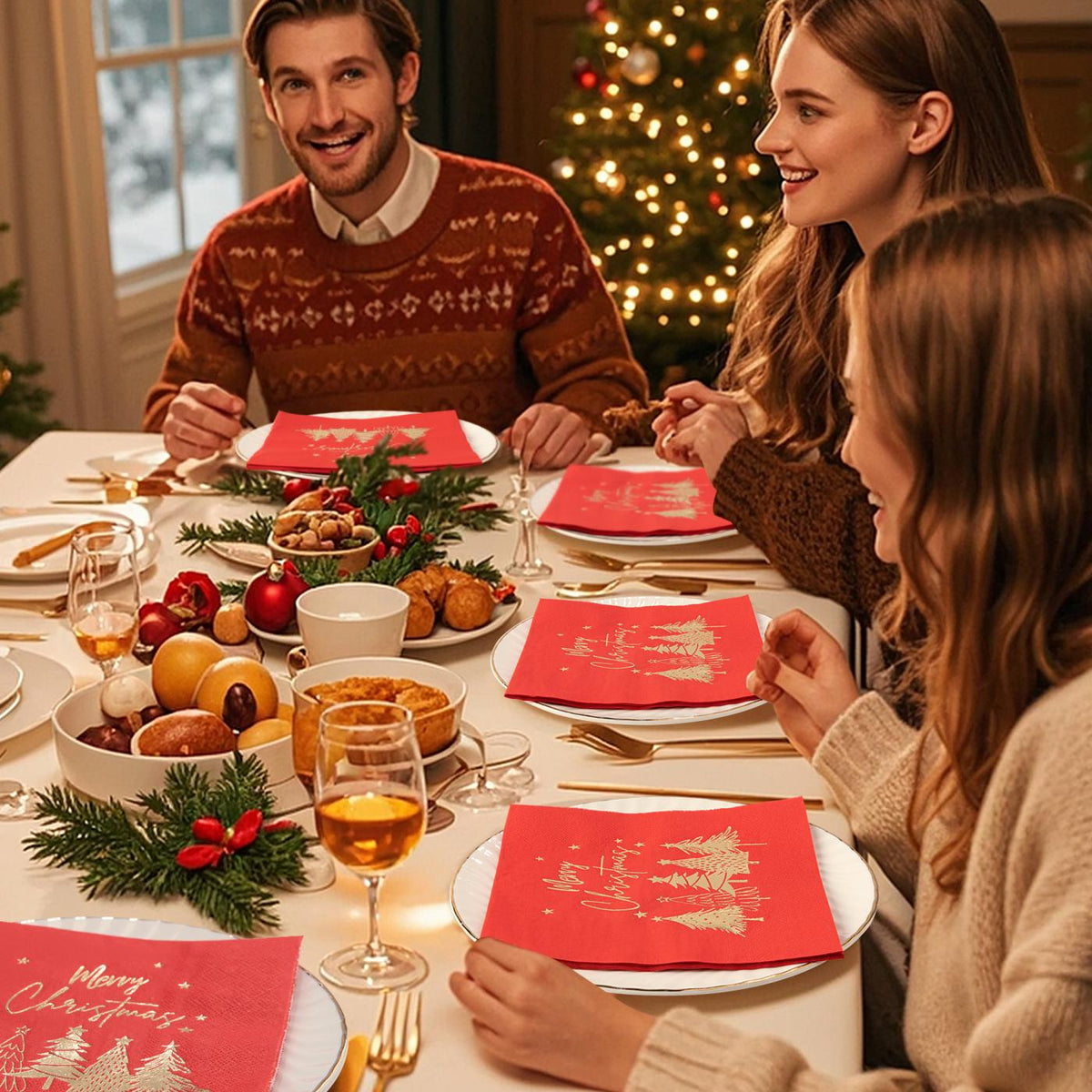 80Pcs Merry Christmas Paper Napkins, Gold Five Xmas Trees Disposable
