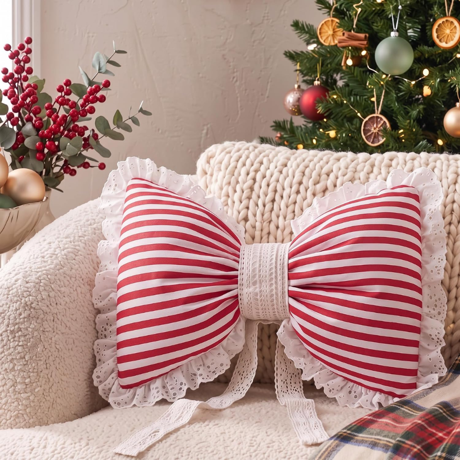 Christmas Bow Throw Pillow Cover, Red & White Striped Decorative