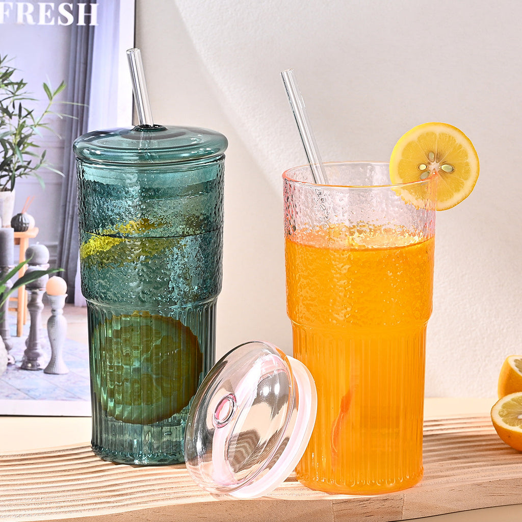 20 Oz 2-pack Green Glass Straw Cup With Vertical Pattern Cup And Lid
