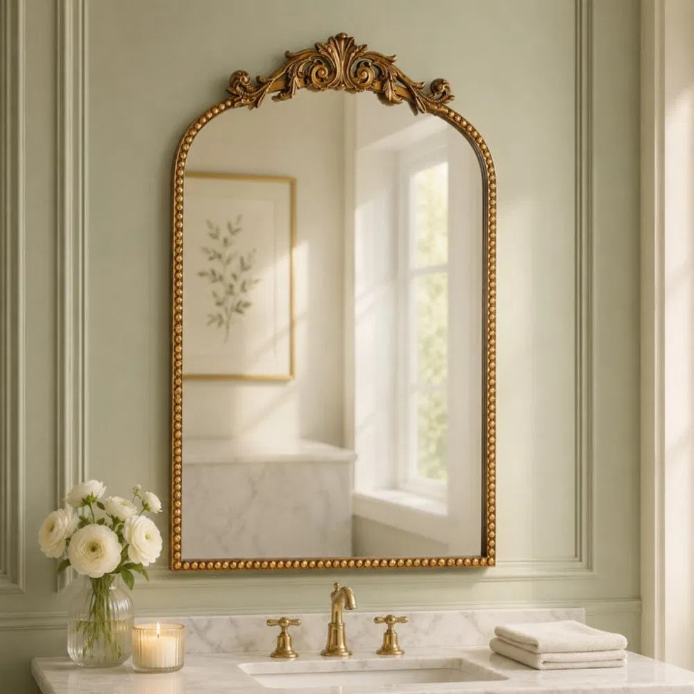 30 X 20 Antique Gold Arch Wall Vanity Mirror, Ornate Vintage Baroque