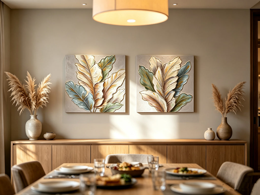 24x24 Set Of 2 Botanical Leaf Wall Art, Neutral Antique White & Green