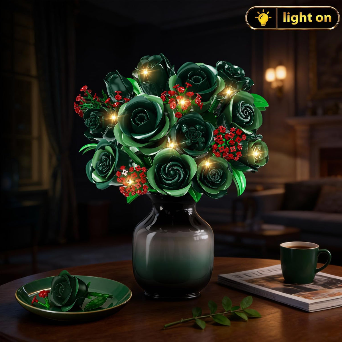 16 Green Roses Botanical Building Blocks, Artificial Flower Birthday