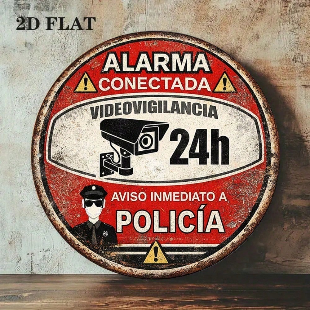 Vintage Spanish 24-Hour Video Surveillance Alarm Round Sign