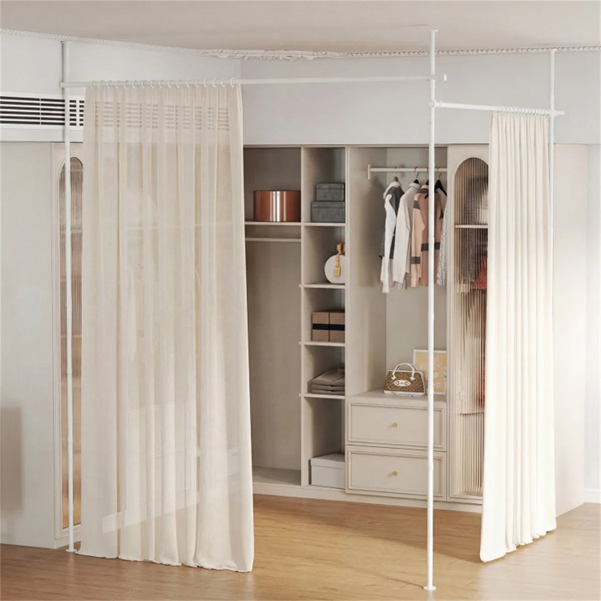 Drill-free L-shaped Room Divider Curtain Rod, Adjustable 28"-142"W X