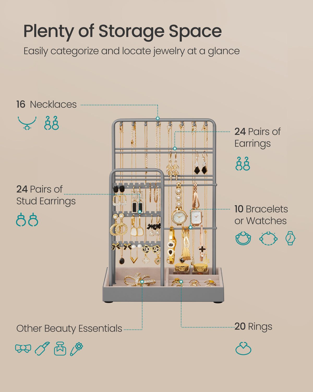 Songmics Jewelry Holder, Display Stand, Metal Frame, Velvet Tray