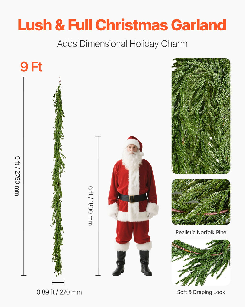 Faux Norfolk Pine Garland, 6 or 9 ft