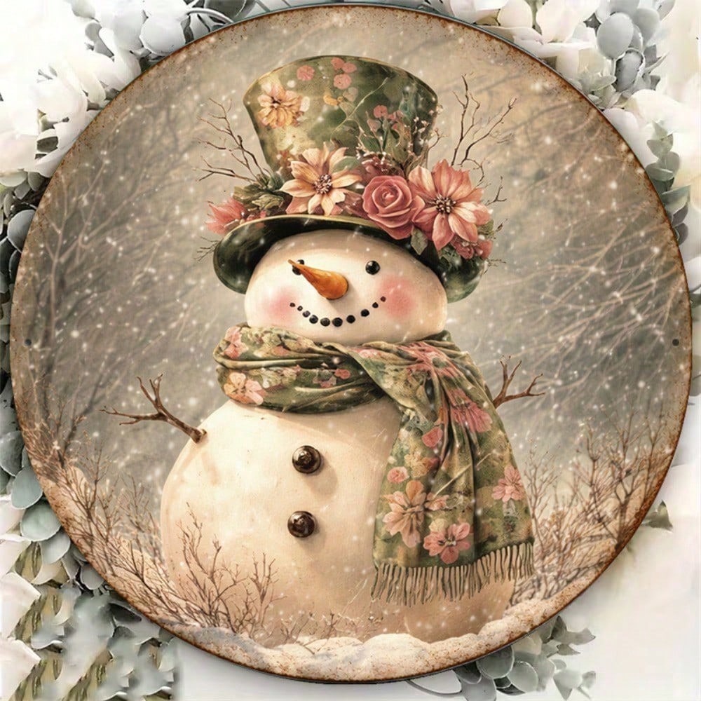 Vintage Snowman Round Metal Sign, 8 in