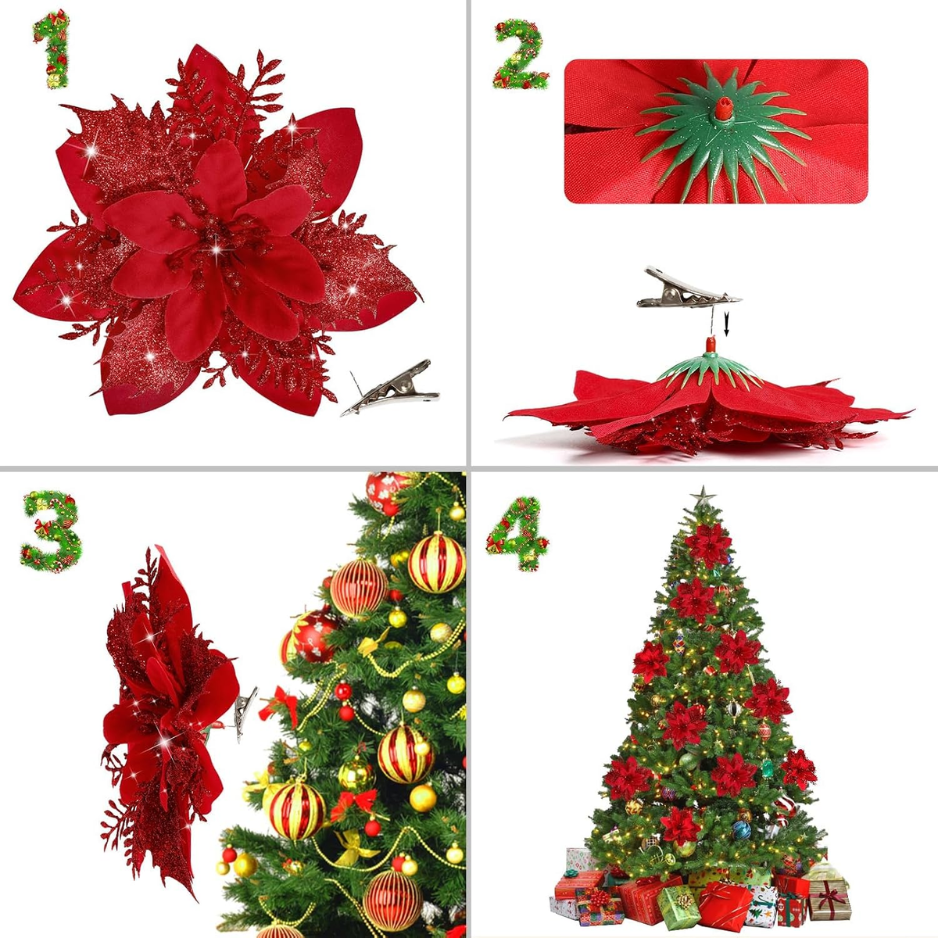 16 PCS Poinsettia Flower Artificial Poinsettias With Clips Christmas