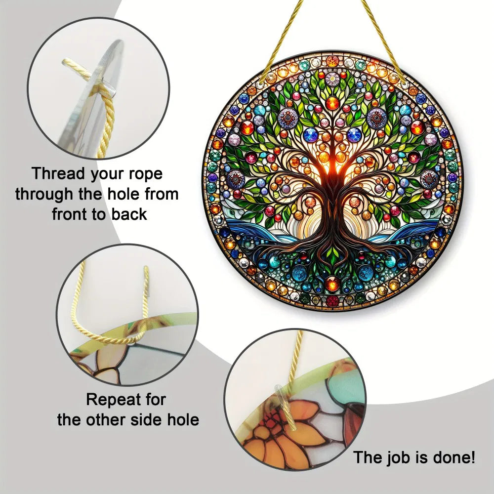 Tree Of Life Wall Art Colorful Stained Glass Design Smooth Edges Indoor