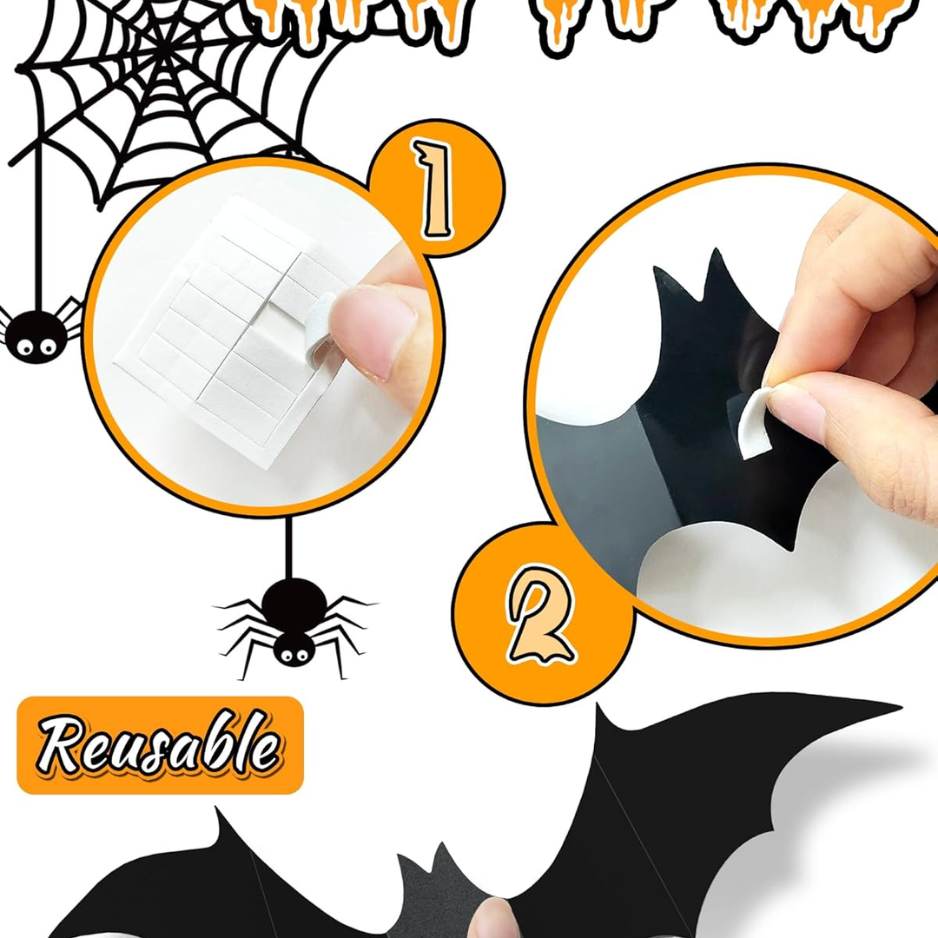120 Pcs 3D Halloween Bat Decorations, 5 Sizes, Removable Wall Decor
