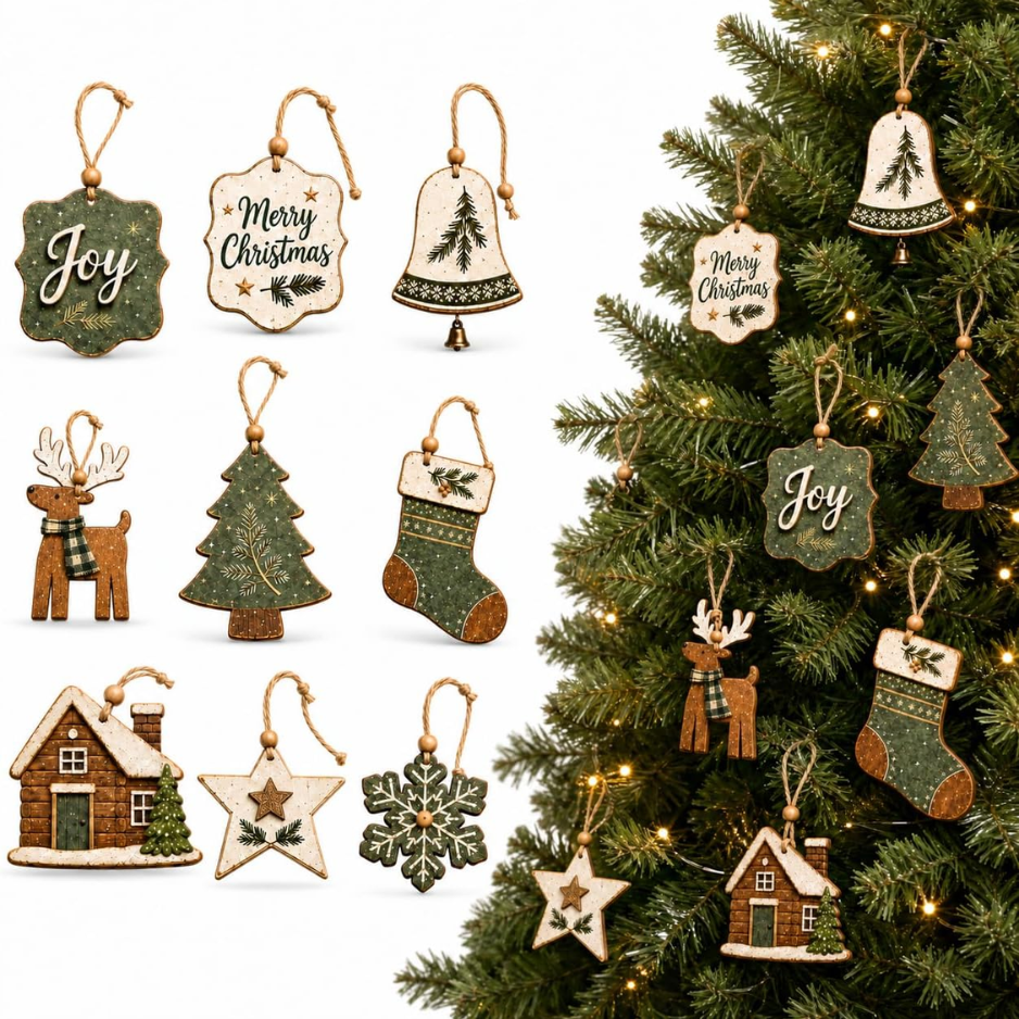 16Pcs Rustic Wooden Christmas Tree Ornaments, Farmhouse Hanging Decor
