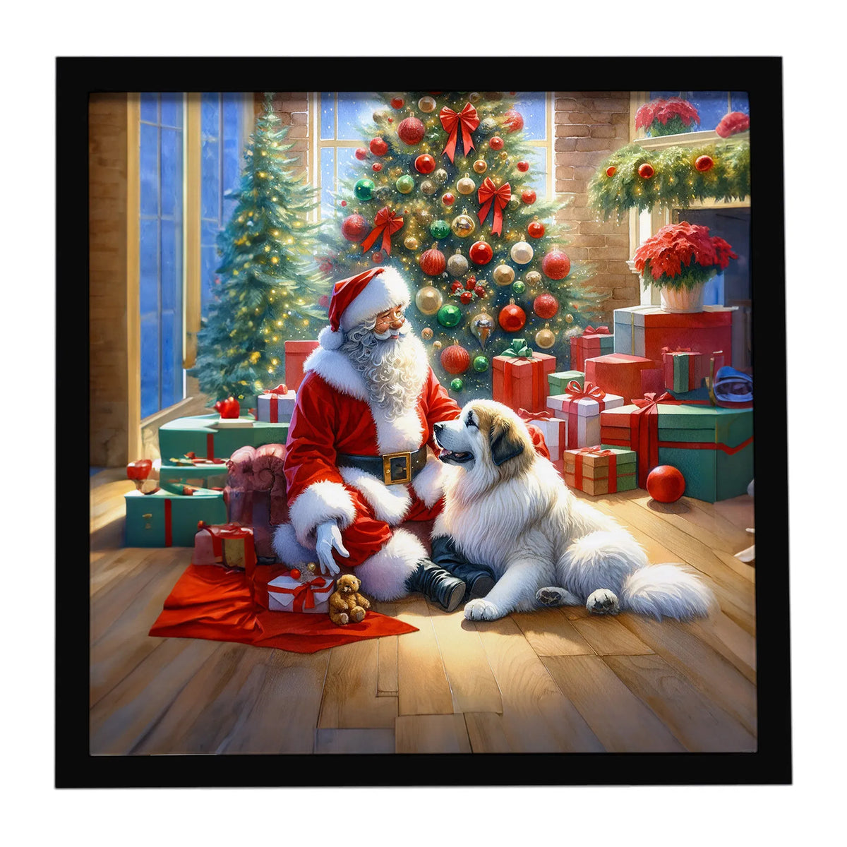 Great Pyrenees And Santa Claus Framed Metal Print Bathroom, Kitchen