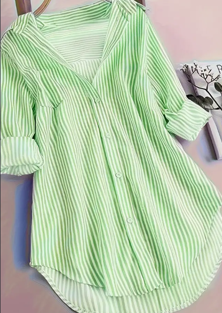 Stripe Print Button Front Blouse, Casual Long Sleeve Blouse For Spring