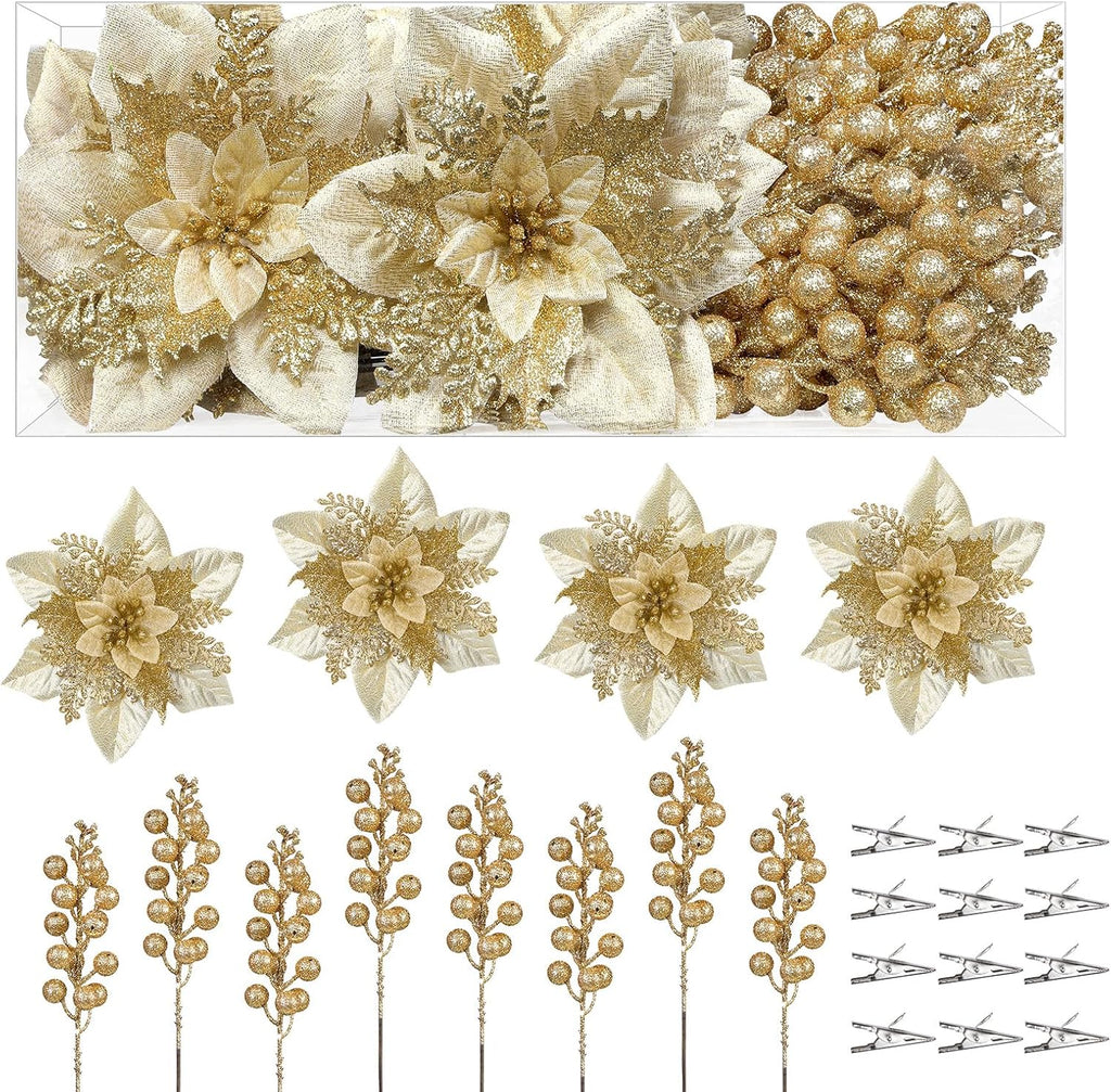 Artificial Christmas Poinsettia Flowers And Berries 24 Units, Faux