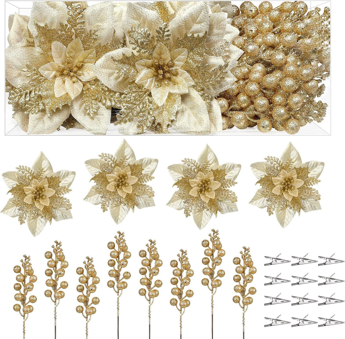 Artificial Christmas Poinsettia Flowers And Berries 24 Units, Faux