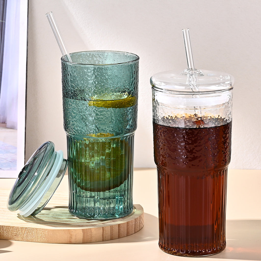 20 Oz 2-pack Green Glass Straw Cup With Vertical Pattern Cup And Lid