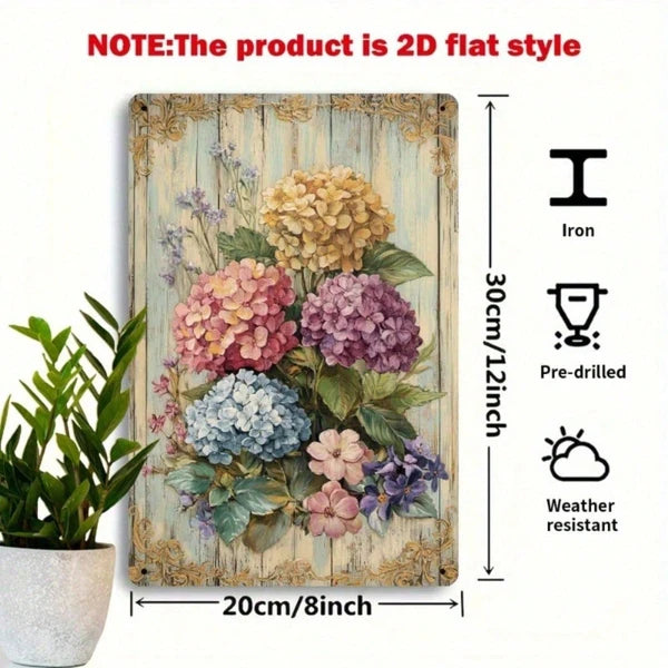 Vintage Metal Iron Sign Vibrant Hydrangea Bouquet With Golden Accents