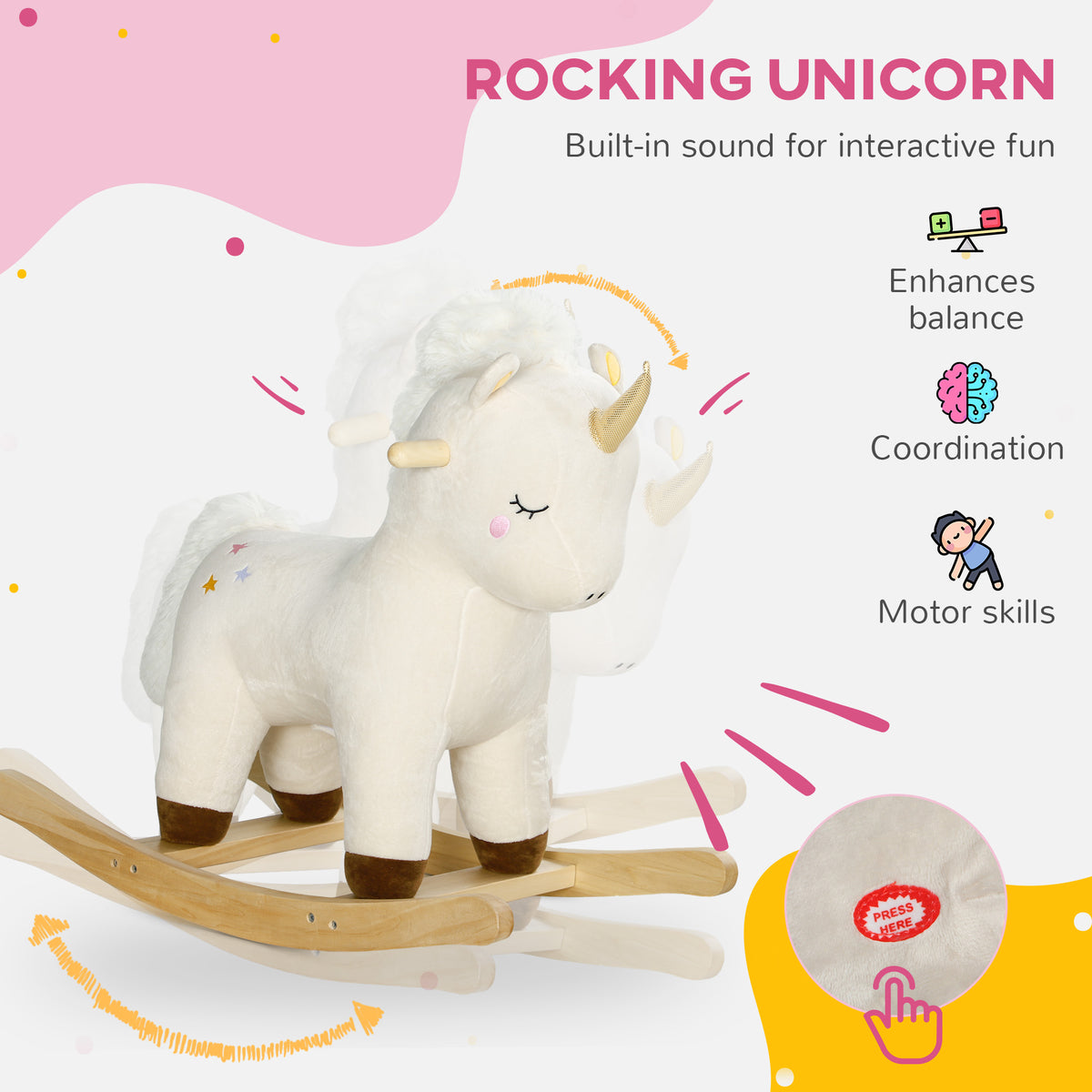 Kids Rocking Horse, Ride On Unicorn With Realistic Sounds & Wooden Base