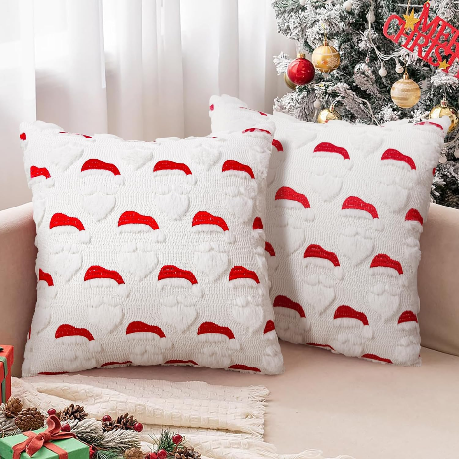 2Pcs Santa Christmas Pillow Covers 18x18, 3D Jacquard Faux Fur Decor