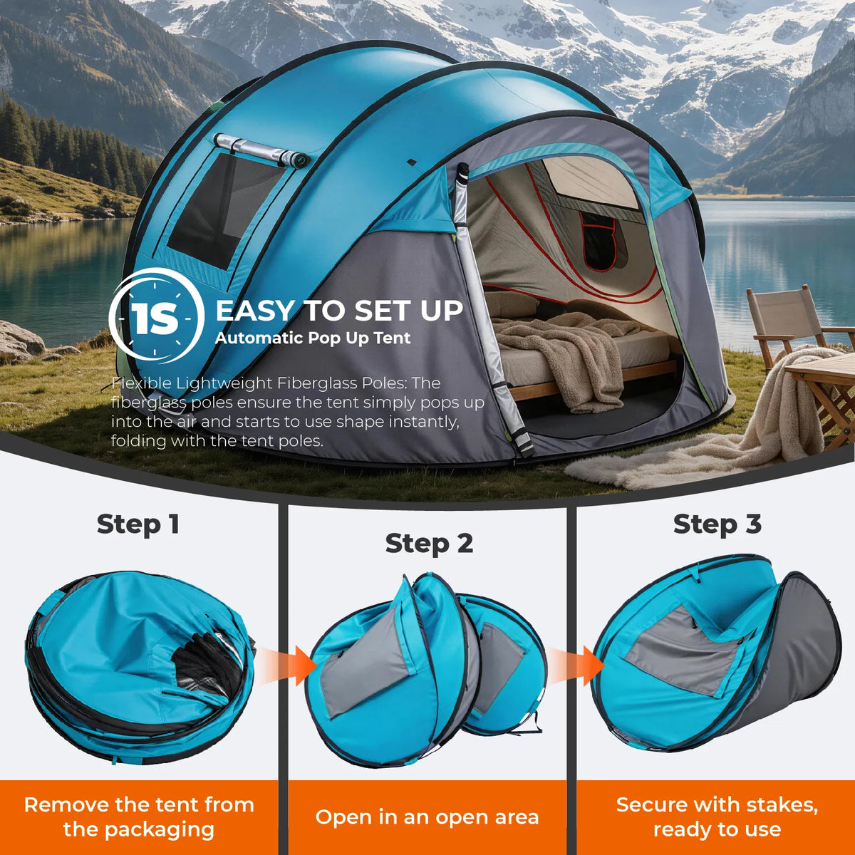 4 Person Pop Up Tent For Camping, Waterproof Instant Family Tent
