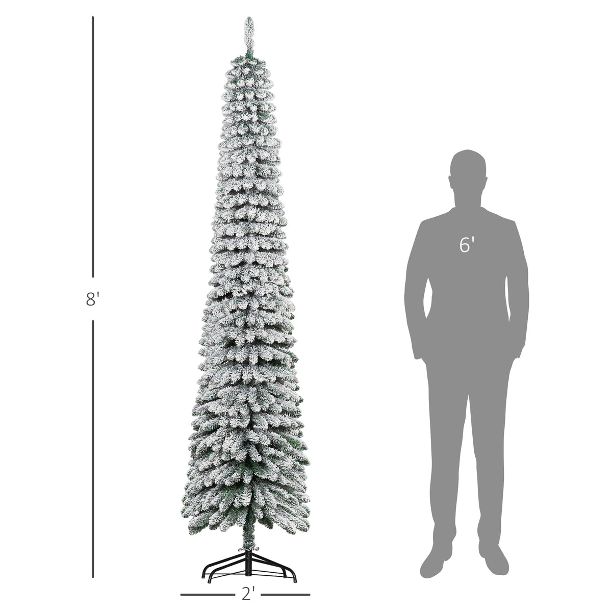 8' Tall Unlit Slim Pencil Xmas Tree, Snow Flocked Artificial Christmas