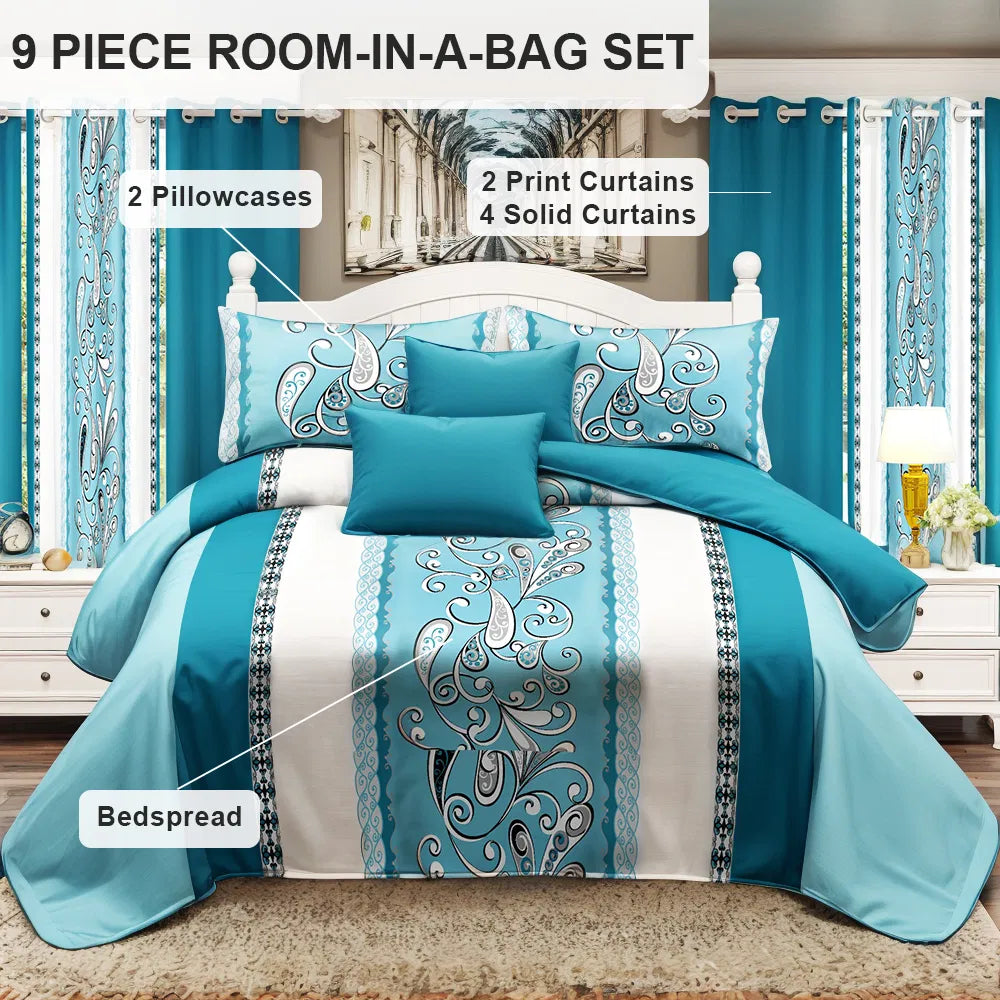 9-Piece Turquoise Paisley Bedding & Curtain Set - Quilted Microfiber