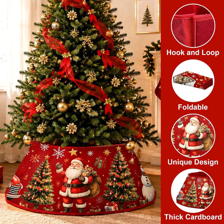 Vintage Santa & Snowman Christmas Tree Collar, Velvet Base Cover