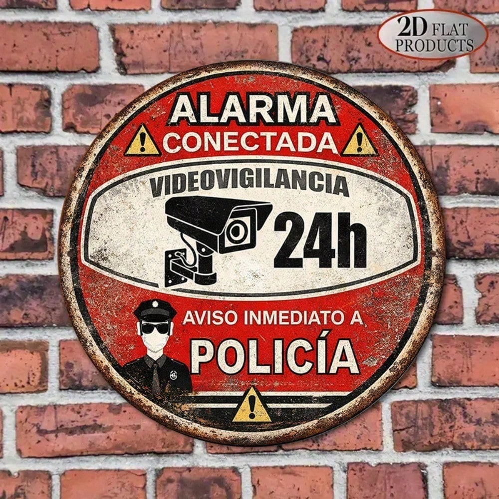 Vintage Spanish 24-Hour Video Surveillance Alarm Round Sign
