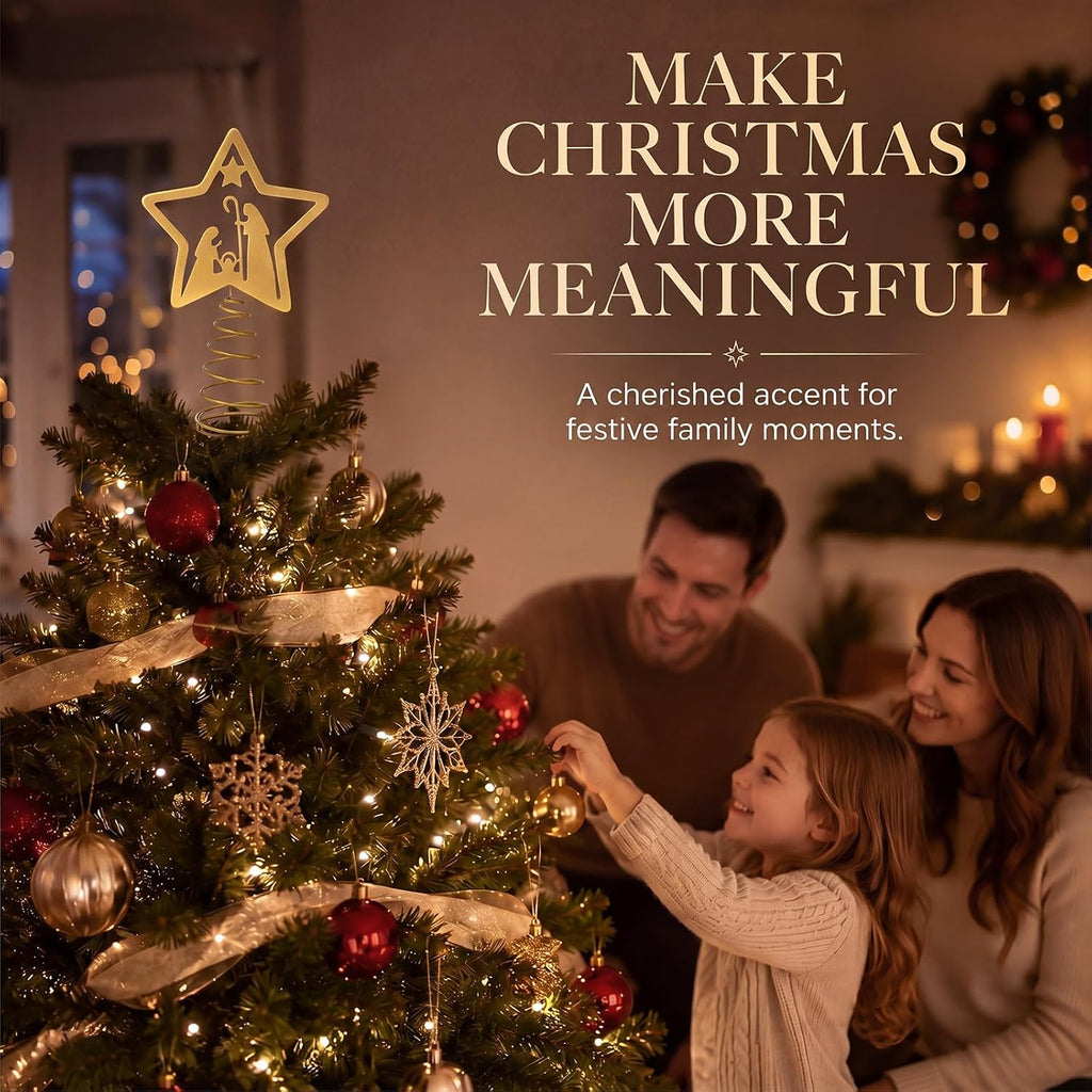 Nativity Christmas Tree Topper, Metal Star With Nativity Scene Design