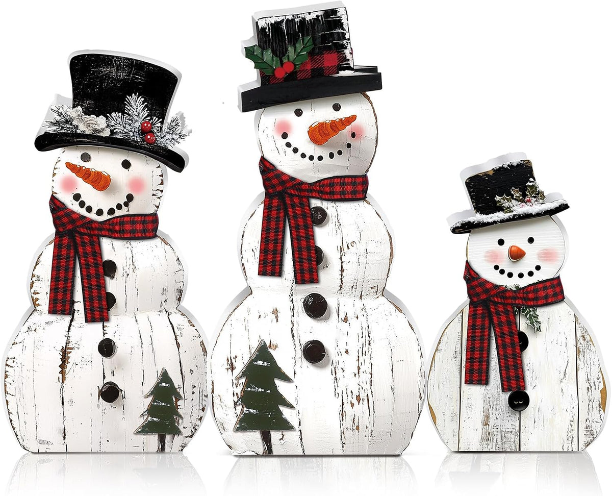 3 Pack Snowman Christmas Decorations, Rustic Wooden Holiday Figurines