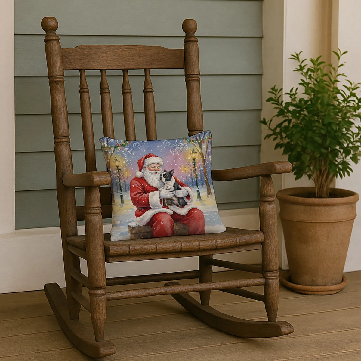 Boston Terrier With Santa Claus Throw Pillow Decorative Indoor Outdoor