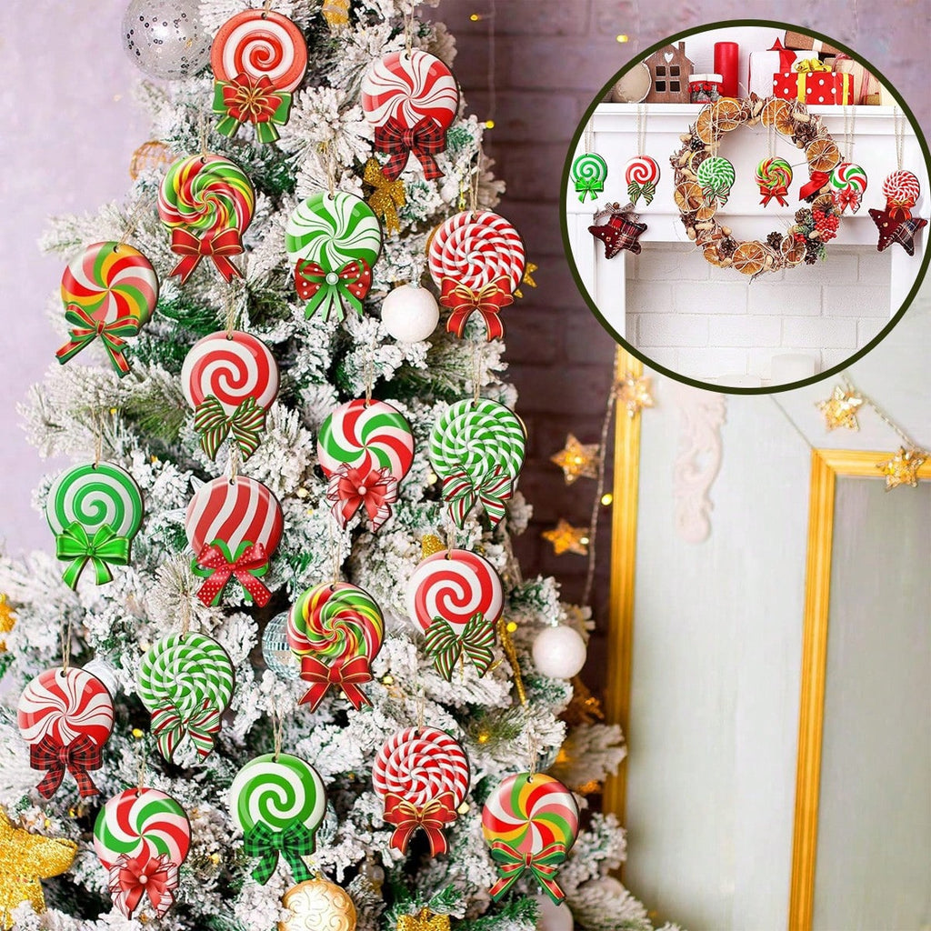 24 Pieces Peppermint Christmas Tree Ornaments Colorful Peppermint Wood