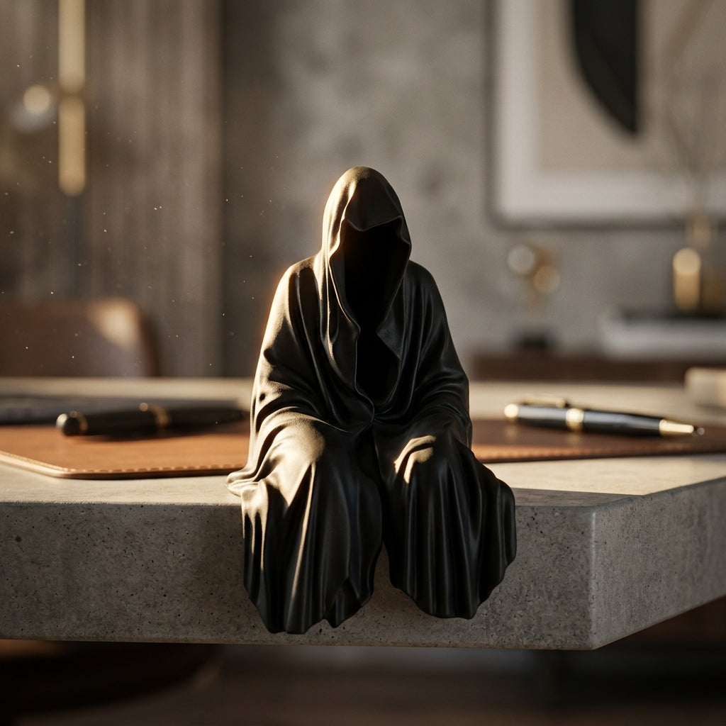 Black Hooded Shelf Sitter Figurine, Gothic Desktop Decor, Faceless