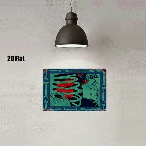 Vintage Abstract Red & Blue Skull Metal Wall Art, 8x12 Inch 2D Flat