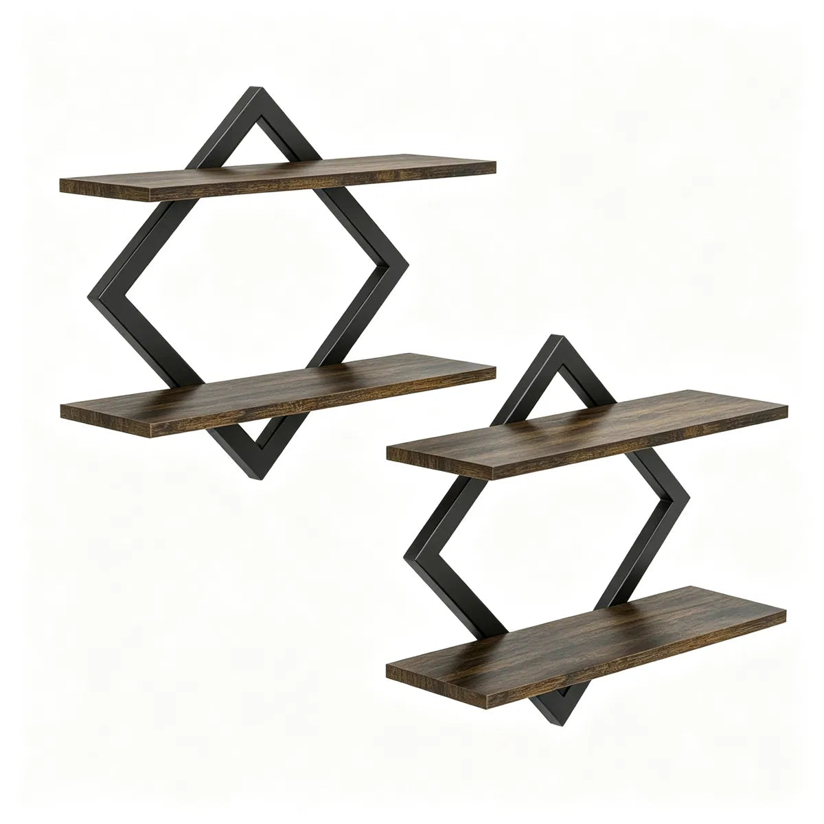 Black Rustic Brown 2Tier Floating Wall Shelves Set Of 2, Diamond Metal