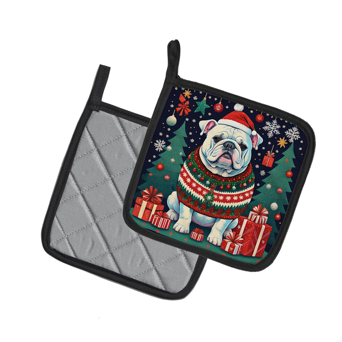 White English Bulldog Christmas Pair Of Pot Holders Kitchen Heat