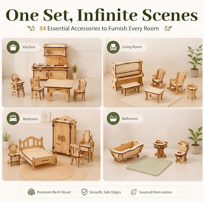 34-Piece Wooden Dollhouse Furniture Set, Scale Miniature Furniture