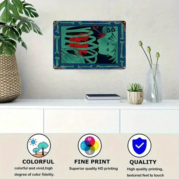 Vintage Abstract Red & Blue Skull Metal Wall Art, 8x12 Inch 2D Flat
