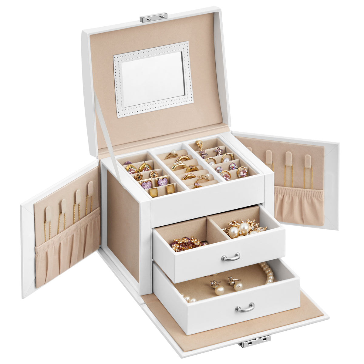 3 Tier Jewellery Box With Mirror, Lockable Jewellery Organiser
