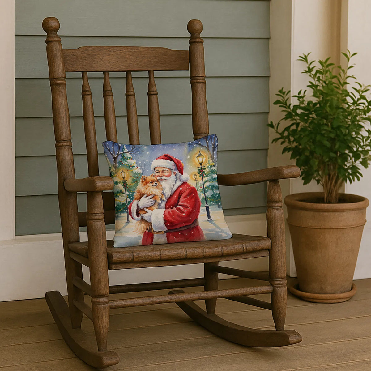 Pomeranian With Santa Claus Throw Pillow Decorative Indoor Outdoor