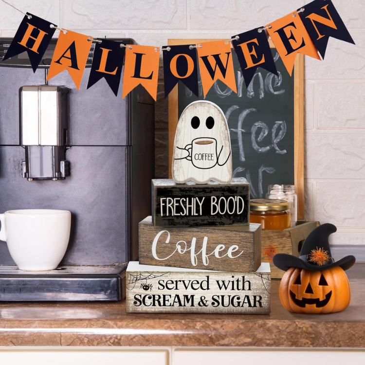 4 Pcs Halloween Wooden Ghost Coffee Table Decor, Cute Coffee Bar Signs