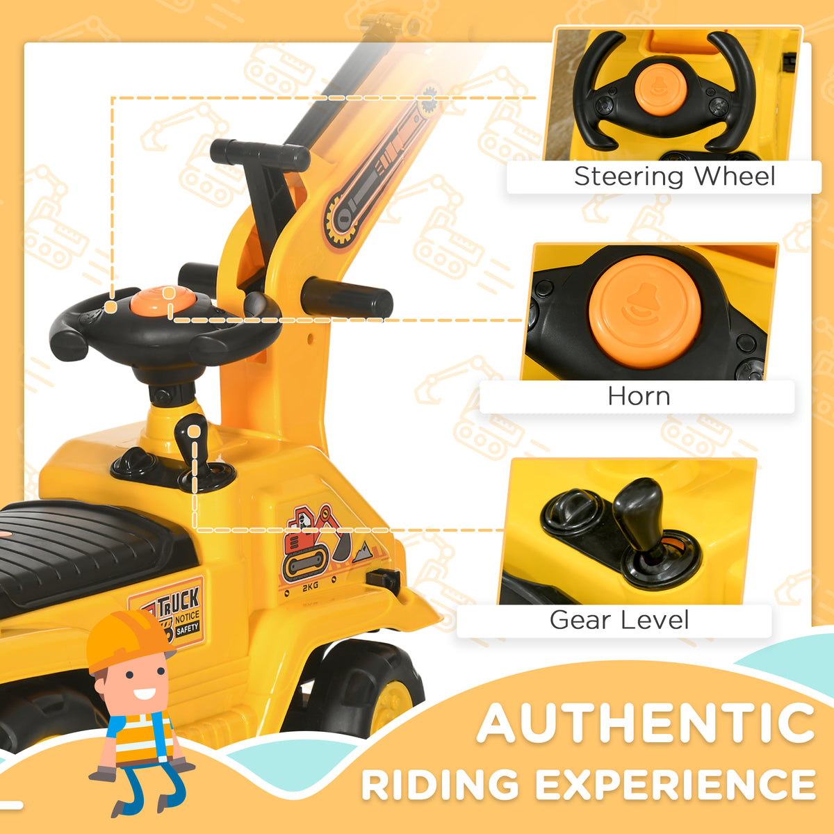 2 In 1 Ride On Toy Digger Tractor Pulling Cart Pretend Play