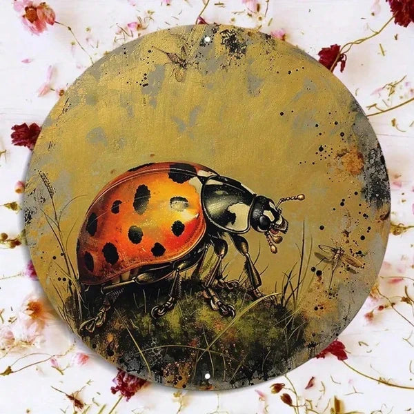1pc 8x8 Inch Round Aluminum Metal Sign, Golden Ladybug Wall Decor