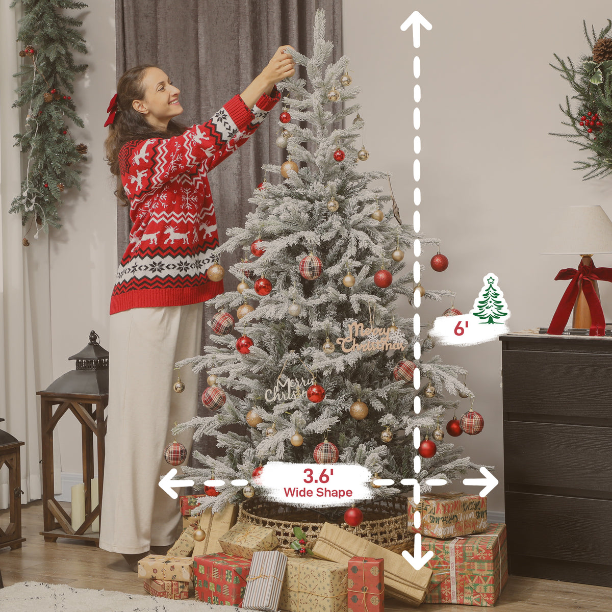 6 Ft Artificial Frosted Christmas Tree With Realistic Branches, Wide