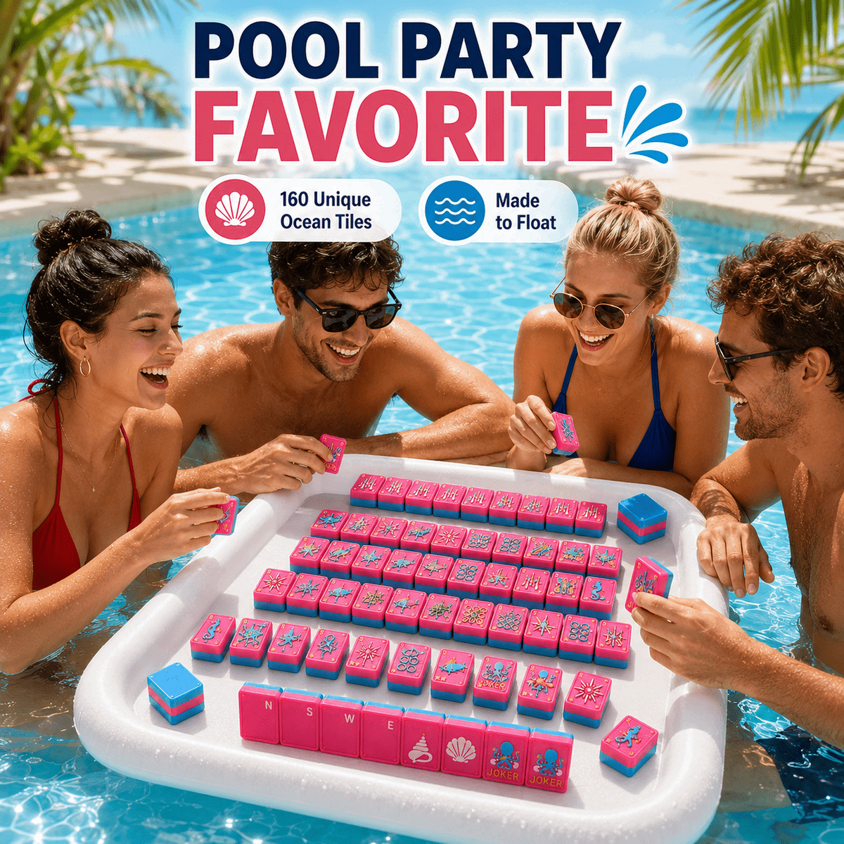160PCS 3D Printed Floating American Mahjong Set, Ocean Theme Waterproof