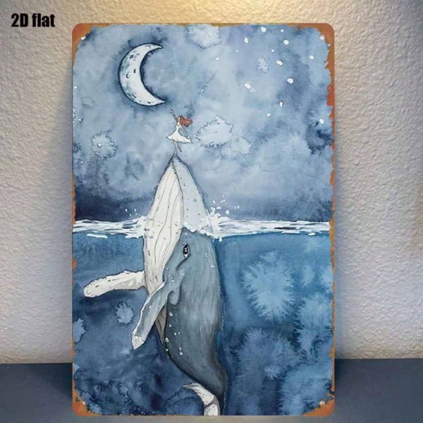 1PC Vintage Metal Tin Sign Moon & Whale Nautical Pattern Wall Art Retro