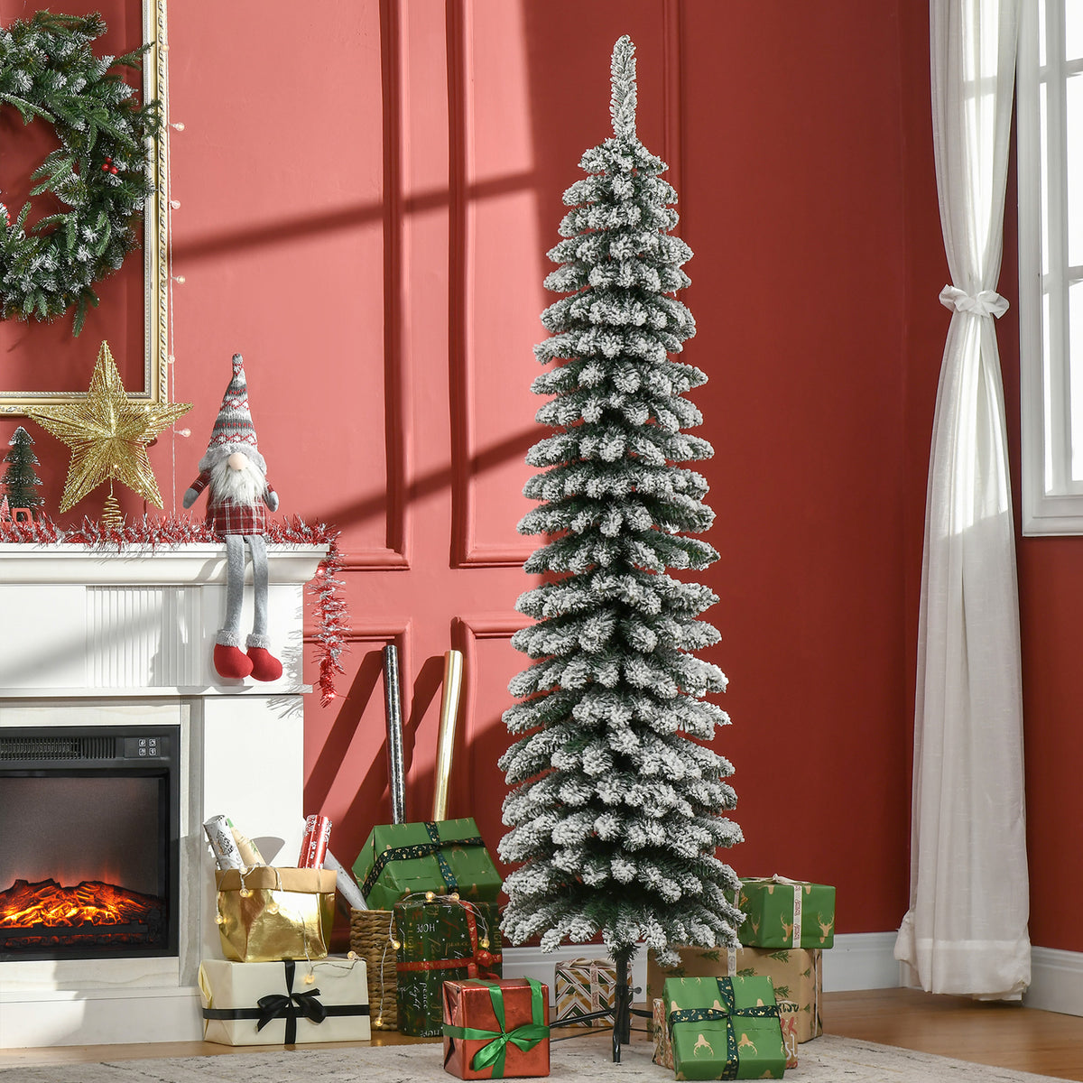 6 Tall Unlit Slim Pencil Xmas Tree, Snow Flocked Artificial Christmas
