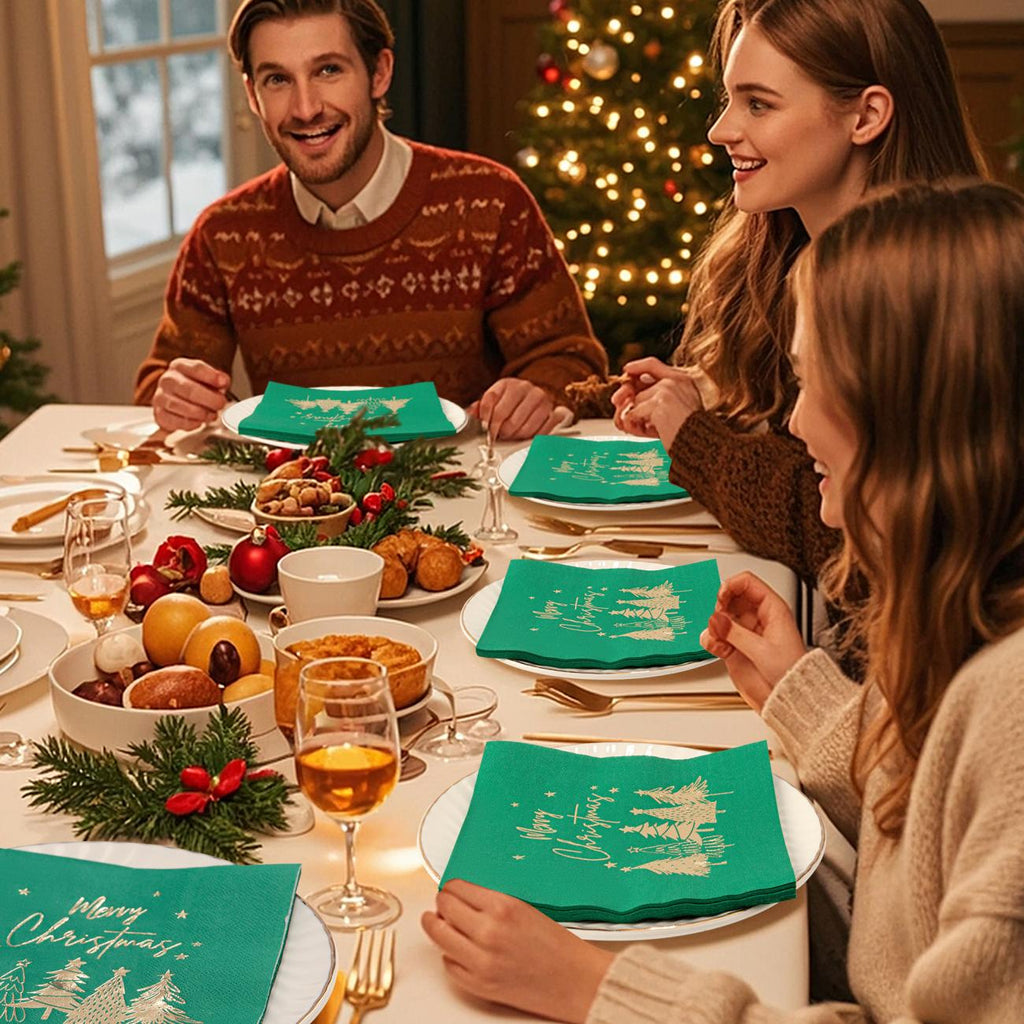 80Pcs Merry Christmas Paper Napkins, Gold Five Xmas Trees Disposable