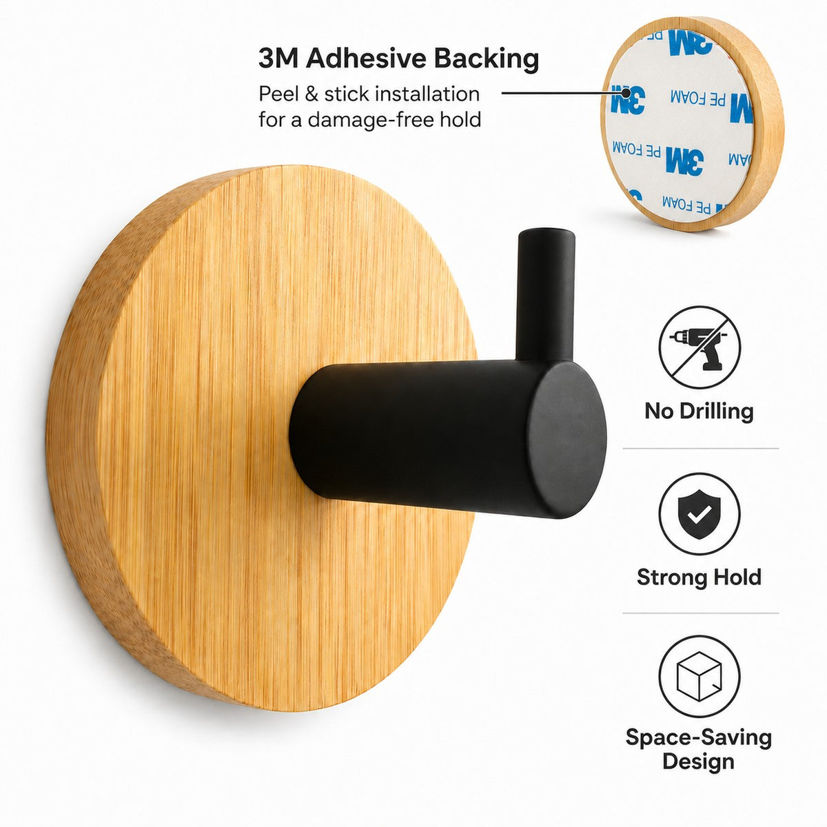 Bamboo Wood Hook - Black, 2 Pack