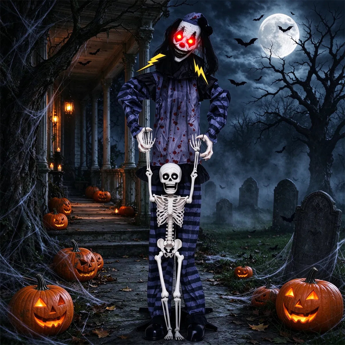 70" Life Size Animated Halloween Clown Prop With Lifted Skeleton